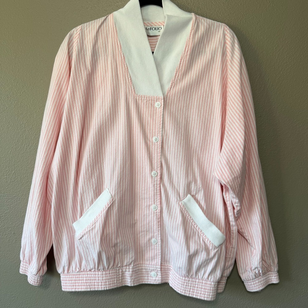 LeFOLIO Vintage Saks Fifth Avenue Pink Striped Cotton Bomber Jacket Sz 38/M USA